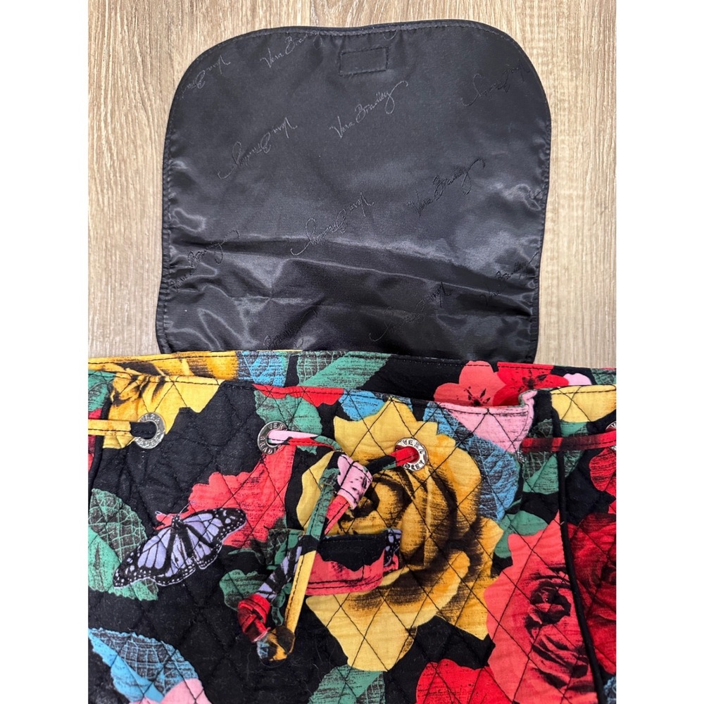 Vera Bradley Midnight Roses Quilted Cotton Backpack Floral Butterfly Black Bag - Picture 7 of 10
